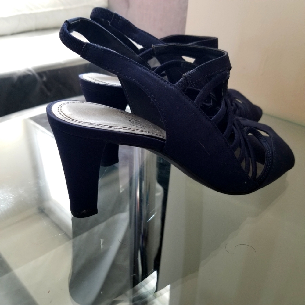 IMPO Navy Blue high heel, peep toe, stretch back, dress sandals